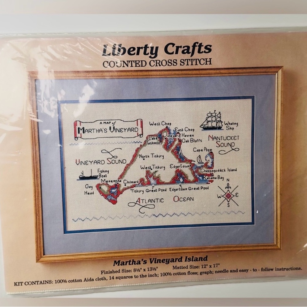 Rare 1980s Kit Liberty Crafts Map Martha's Vineyard Island 18.5x13.5"14-ct cross